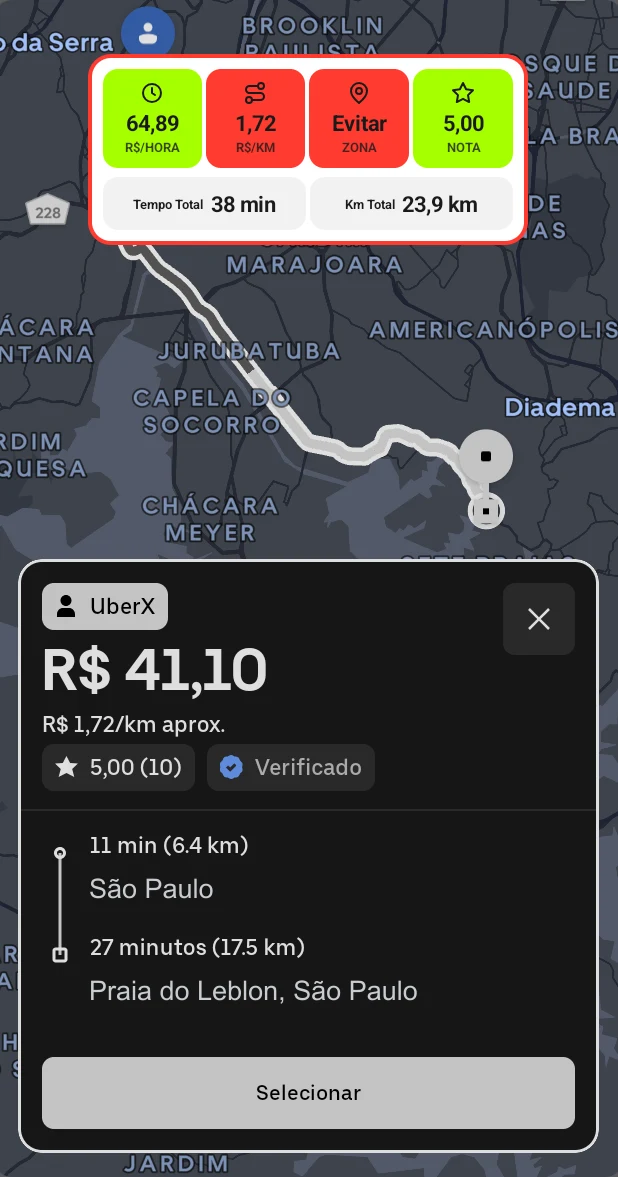 Farol com borda vermelha por zona a evitar, apesar de R$ 64,89 por hora e passageiro nota 5.