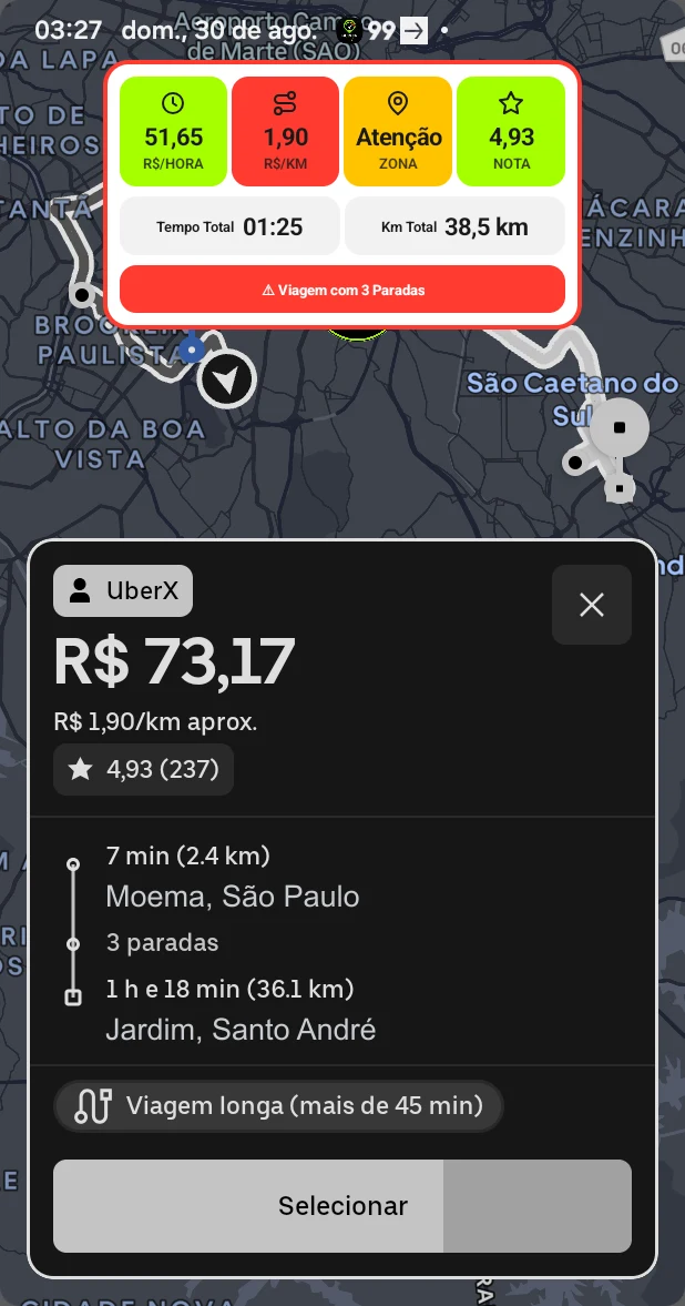 Farol avisando viagem com 3 paradas numa oferta de R$ 73,17 e 1 hora e 25 minutos.
