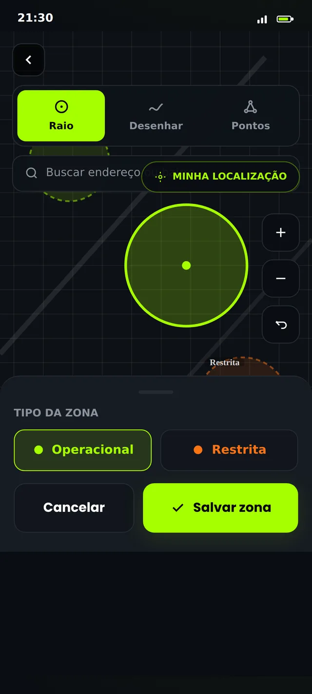 Tela de adicionar uma nova zona no mapa do Driver Zone.