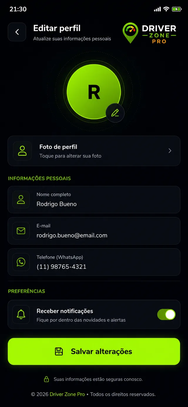 Tela de edição de perfil do usuário no Driver Zone.