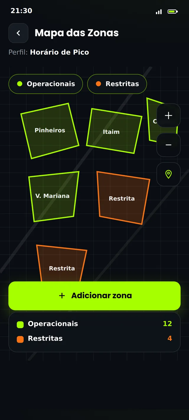 Mapa das zonas operacionais e restritas de um perfil no Driver Zone.