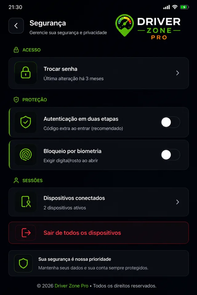 Tela de segurança da conta no Driver Zone.